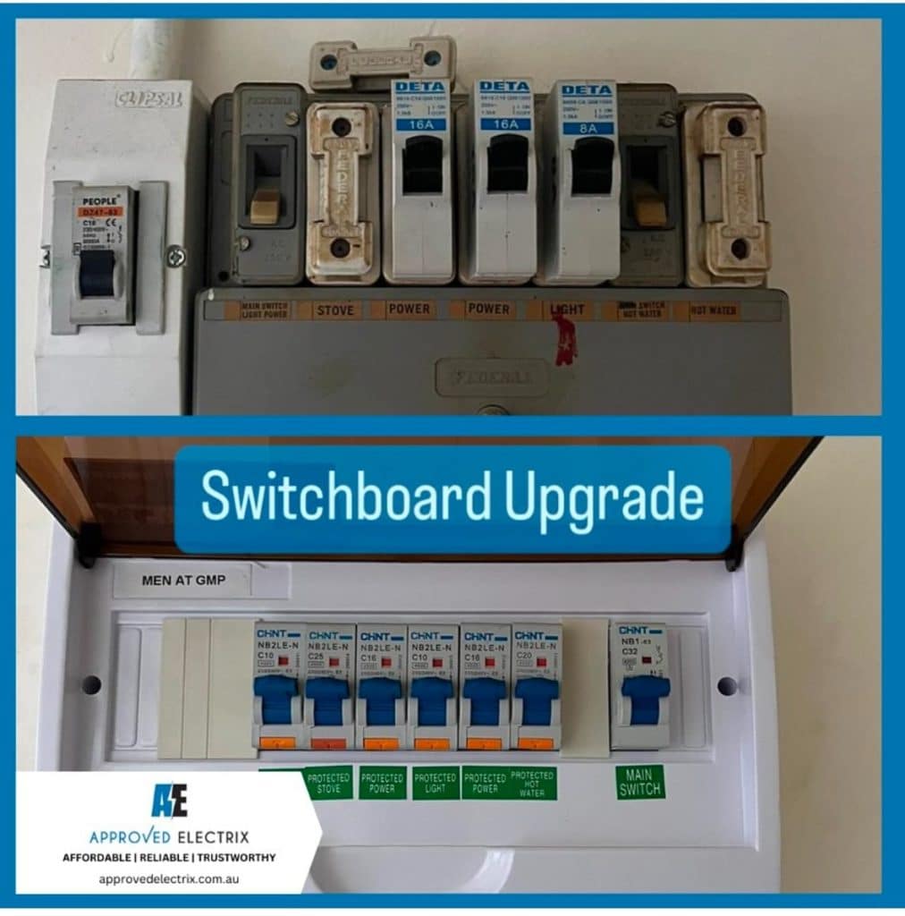 Switchboard upgrade by Approved Electrix. A before-and-after comparison showing an old switchboard with outdated fuses replaced with a modern switchboard featuring safety switches and circuit breakers. Professional electrical switchboard upgrades for improved safety and compliance in Melbourne homes.