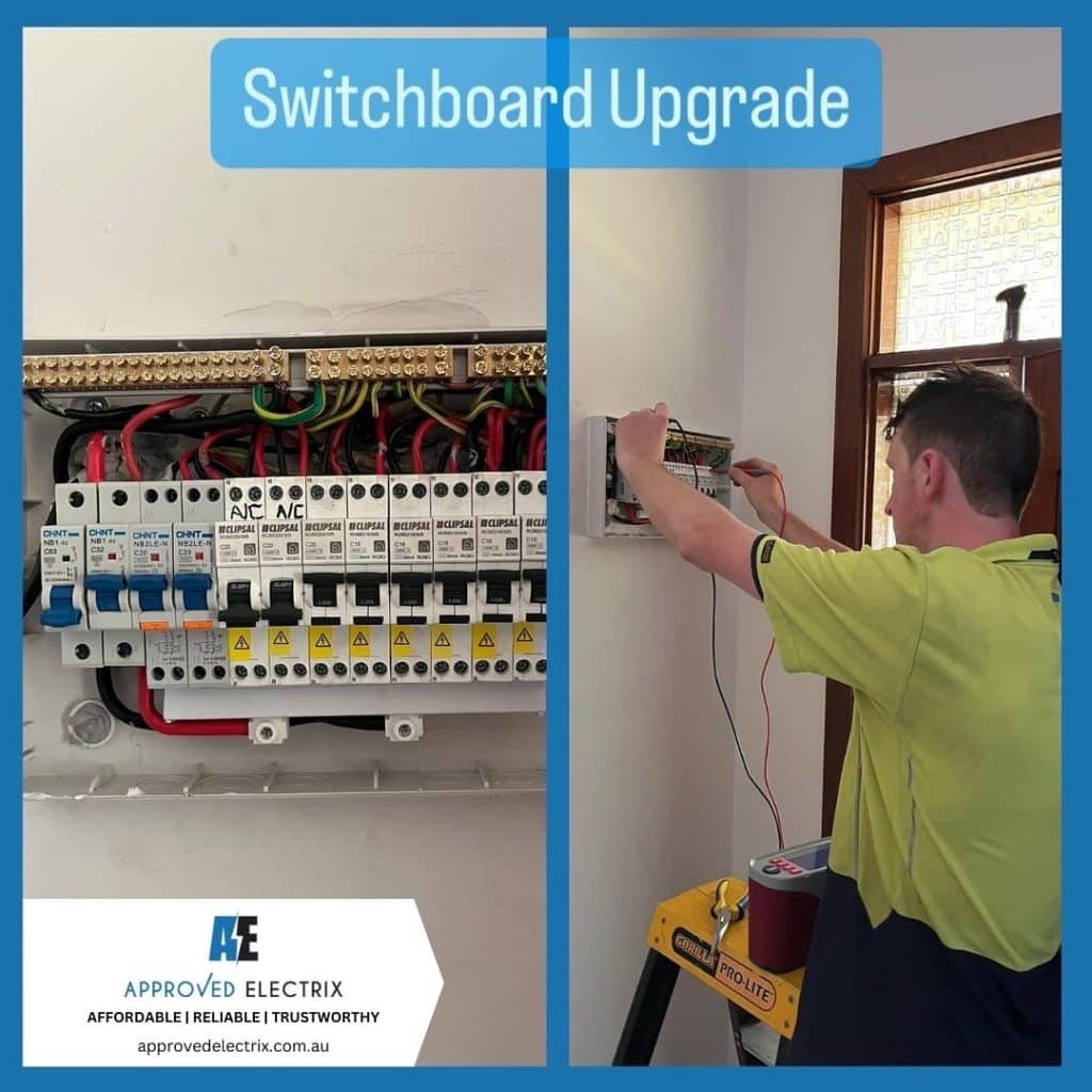 Newly upgraded switchboard with neatly arranged RCBO safety switches and wiring. A professional electrician in a high-vis uniform is testing the installation using a multimeter.
