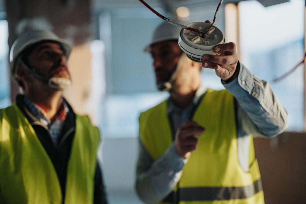 Two Construction Men Looking at a Commercial Ceiling Light